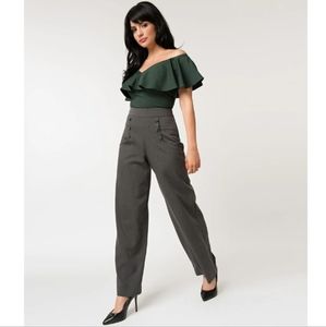 Unique Vintage 1940s Style Dark Grey High Waisted Sailor Ginger Pants